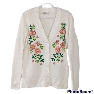 Twik beige button front knit cardigan floral embroidery size Small @B6